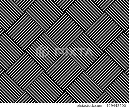 Wicker basket texture in diagonal arrangement. Tile with crossed straight stripes pattern. Black and white lines background. Abstract geometric print. Simple fabric structure. Vector illustration 129442200