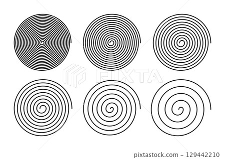 Spiral icons isolated on white background. Optical illusion effect. Hypnotic psychedelic design. Whirlpool, dizzy, tornado or funnel symbols. Archimedean curves. Vector graphic illustration 129442210