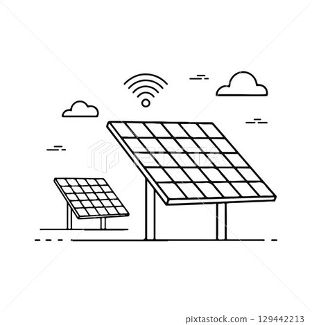 Smart Solar Panel System with Wireless Connection. Solar Panels with Wi-Fi Symbol. Smart Solar Panel System with Wireless Connection. Solar Panels with Wi-Fi Symbol. 129442213