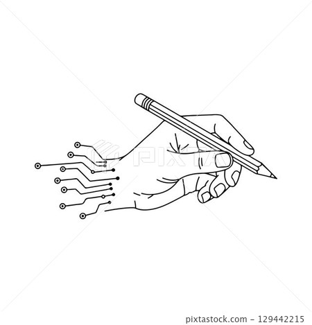 Hand with Digital Circuitry Holding Pencil. Hand with Digital Circuitry Holding Pencil. 129442215