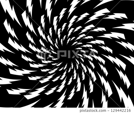 Swirled white bolt silhouettes on black background. Poster with thunderbolt signs in circular tornado arrangement. Flash, energy, danger or shock cartoon symbols. Vector graphic illustration 129442216