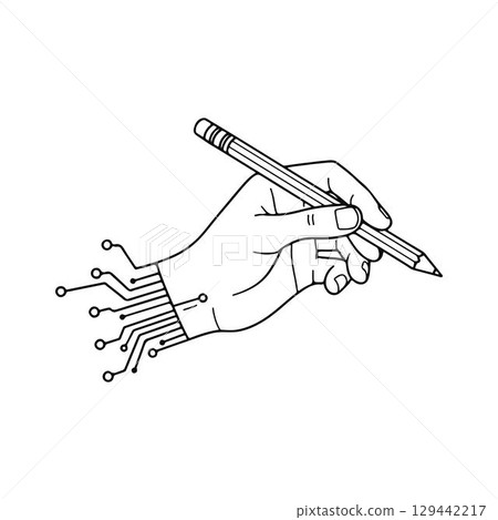 Hand with Digital Circuitry Holding Pencil. Hand with Digital Circuitry Holding Pencil. 129442217