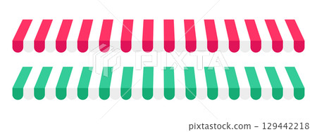 Shop awnings. Striped store canopies. Cafe tents with red, green and white stripes pattern isolated on white background. Food booth or street grocery market sunshades. Vector flat illustration 129442218