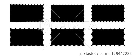 Set of different rectangle shapes with wiggly edges. Rectangular forms with undulated borders. Empty black tags or labels, speech balloons or message boxes. Vector graphic illustration Set of different rectangle shapes with wiggly edges. Rectangular forms with undulated borders. Empty black tags or labels, speech balloons or message boxes. Vector graphic illustration 129442225