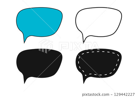 Set of speech bubble templates in doodle style. Dialogue balloons, textboxes, thought frames, message tags, discussion labels, communication banners isolated on white background. Vector illustration 129442227