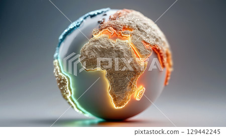 Minimal glowing globe icon showcasing vibrant colors with emphasis on Africa against a neutral background 129442245