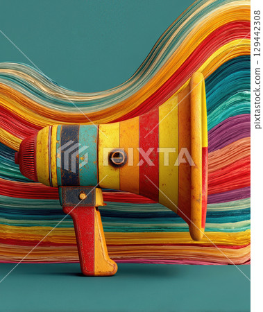Vibrant megaphone icon stands out against colorful abstract background with flowing waves of hue 129442308