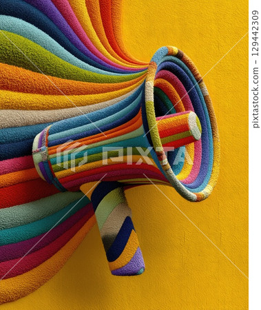 Vibrant megaphone design with colorful waves creates an eye-catching visual impact 129442309