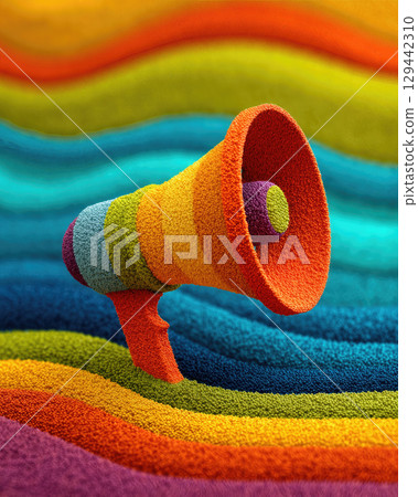 Vibrant megaphone icon stands tall amidst colorful, wavy patterns of texture and hue representing creativity and expression 129442310