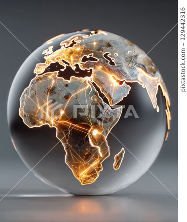 Glowing globe icon showcasing Africa with neon highlights against a dark background in a modern artistic style 129442316