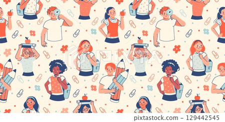 Playful back-to-school pattern with students and supplies. Ideal for seasonal educational themed prints, or cheerful backgrounds in wide-format design Playful back-to-school pattern with students and supplies. Ideal for seasonal educational themed prints, or cheerful backgrounds in wide-format design 129442545