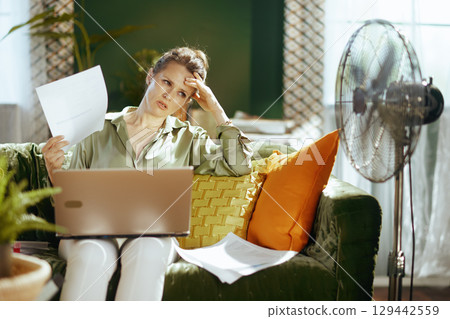 Woman Struggling with Home Office Heat & Stress 129442559