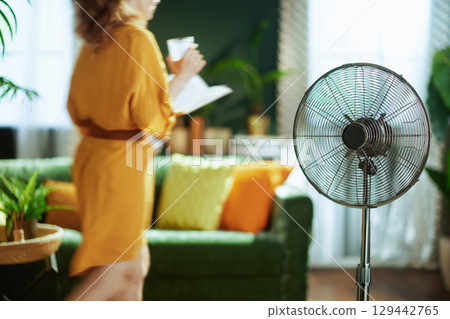 Woman with Fan in Sunny Living Room Woman with Fan in Sunny Living Room 129442765