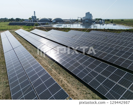 Aerial view of biogas plant using renewable energy for biomethane production. Aerial view of biogas plant using renewable energy for biomethane production. 129442987