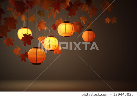 燈籠和秋葉照亮了秋夜 129443023