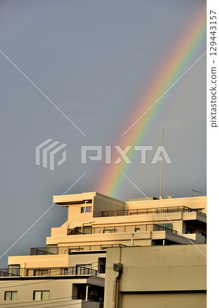 A vibrant rainbow in the sky after the rain in Akishima City A vibrant rainbow in the sky after the rain in Akishima City 129443157
