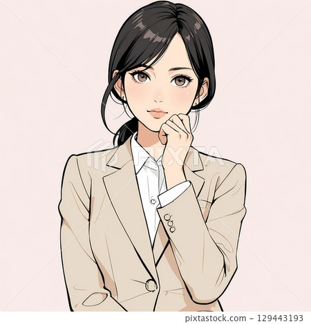 A woman in a suit holding her hand over her mouth and looking straight ahead (white background) 129443193