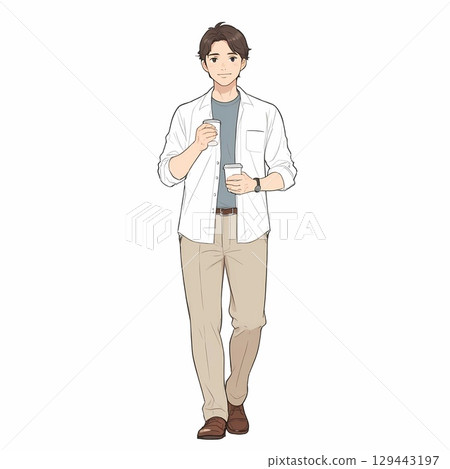 Casual man walking with coffee (white background) Casual man walking with coffee (white background) 129443197