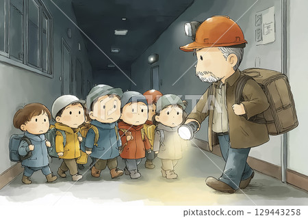 孩子們在老師的帶領下走過黑暗的走廊(疏散演習,夜間) 孩子們在老師的帶領下走過黑暗的走廊(疏散演習,夜間) 129443258