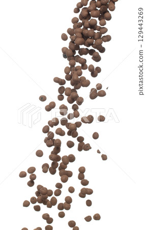 Clay Drainage big size ball pour fall down, explosion in air. Clay Drainage ball splash in shape form line explosion. White background isolated high speed shutter freeze motion Clay Drainage big size ball pour fall down, explosion in air. Clay Drainage ball splash in shape form line explosion. White background isolated high speed shutter freeze motion 129443269