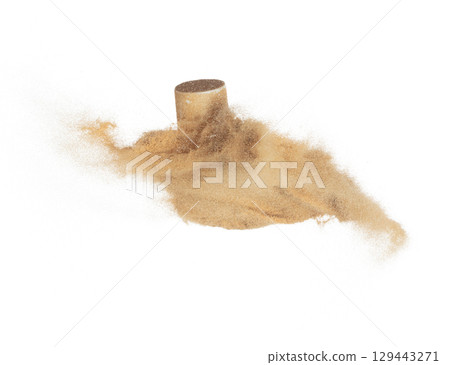 Cosmetic container white bottle fly splashing in mid air. Moisturizer lotion cream bottle explosion flying with sand powder dust under dry sun. White background isolated high speed shutter freeze Cosmetic container white bottle fly splashing in mid air. Moisturizer lotion cream bottle explosion flying with sand powder dust under dry sun. White background isolated high speed shutter freeze 129443271