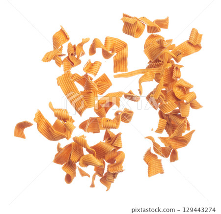 Instant Noodle snack fly explosion, yellow instant noodle snack float explode, abstract cloud fly. Curved dried instant noodles snack splash throwing in Air. White background Isolated Instant Noodle snack fly explosion, yellow instant noodle snack float explode, abstract cloud fly. Curved dried instant noodles snack splash throwing in Air. White background Isolated 129443274