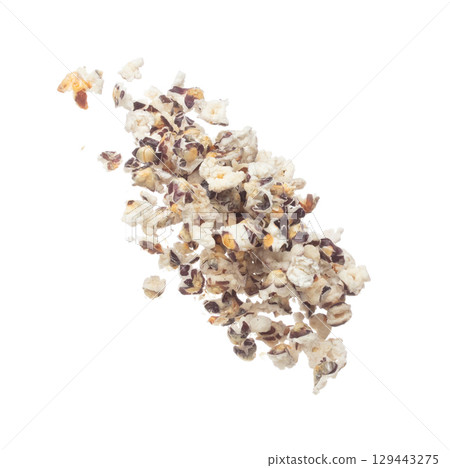 Purple pop corn fly explosion, purple snack organic pop corn float explode, abstract cloud fly. Purple popcorn organic food splash throwing in Air. White background Isolated Purple pop corn fly explosion, purple snack organic pop corn float explode, abstract cloud fly. Purple popcorn organic food splash throwing in Air. White background Isolated 129443275