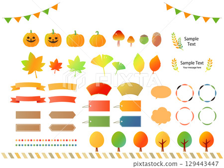 Autumn frame and decoration illustration set - speech bubbles, ribbons, autumn leaves, pumpkins, Halloween 129443447