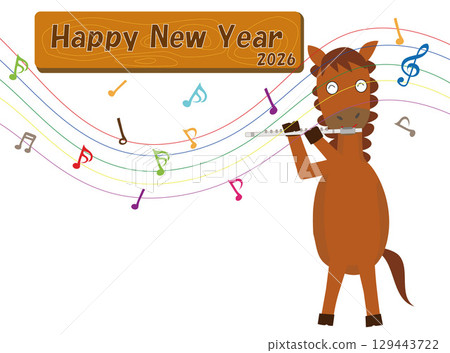 2026 年新年賀卡插圖。一匹馬正在演奏樂器來慶祝新年。 2026 年新年賀卡插圖。一匹馬正在演奏樂器來慶祝新年。 129443722