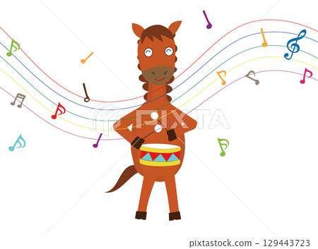 Illustration of a New Year's card for 2026. A horse is playing a musical instrument to celebrate the New Year. Illustration of a New Year's card for 2026. A horse is playing a musical instrument to celebrate the New Year. 129443723
