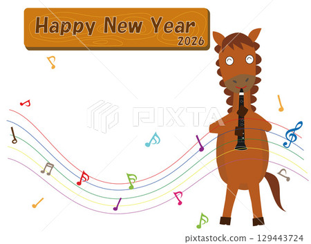 2026 年新年賀卡插圖。一匹馬正在演奏樂器來慶祝新年。 2026 年新年賀卡插圖。一匹馬正在演奏樂器來慶祝新年。 129443724