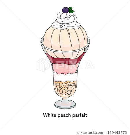Okayama specialty: White peach cream parfait - line drawing illustration Okayama specialty: White peach cream parfait - line drawing illustration 129443773