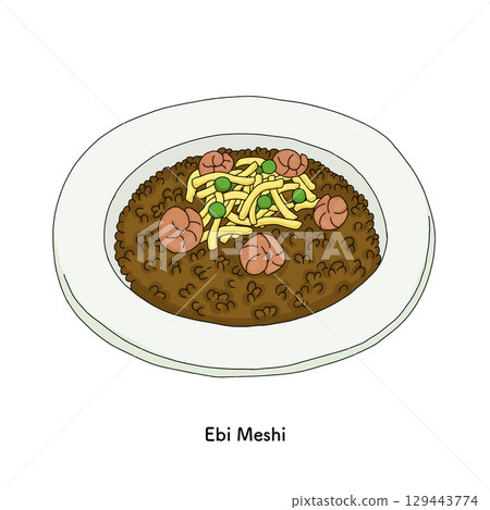 Okayama specialty shrimp rice illustration_line drawing 129443774