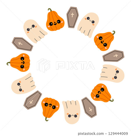 Simple Halloween circle frame. Cute Halloween frame border on white background. The round vector design with soft colors, perfect for spooky autumn decorations, banners, stickers, ads, sale. Simple Halloween circle frame. Cute Halloween frame border on white background. The round vector design with soft colors, perfect for spooky autumn decorations, banners, stickers, ads, sale. 129444009