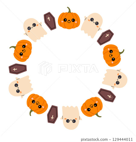Simple Halloween circle frame. Cute Halloween frame border on white background. The round vector design with soft colors, perfect for spooky autumn decorations, banners, stickers, ads, sale. 129444011