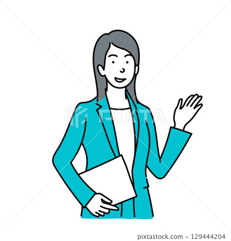 圖庫插圖: 穿著西裝的微笑的女性商務人士用手指著，向量 129444204