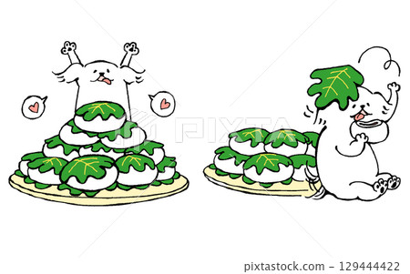 A set of dogs happily eating Kashiwamochi 129444422