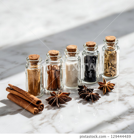 大理石桌上擺放著一組香料,它們裝在軟木蓋的玻璃罐裡 大理石桌上擺放著一組香料,它們裝在軟木蓋的玻璃罐裡 129444489