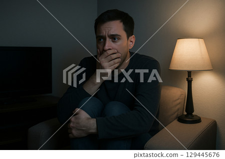 年輕人在黑暗的房間看電視 年輕人在黑暗的房間看電視 129445676