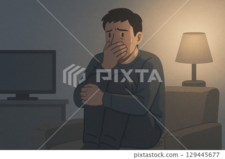 年輕人在黑暗的房間裡看恐怖電影 129445677