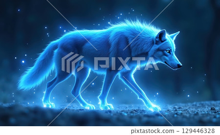 Calm Spirit Wolf Walking Through Glowing Dimensional Flow 129446328