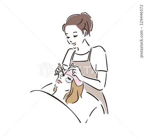 Relaxed woman receiving eyelash extension treatment 129446372