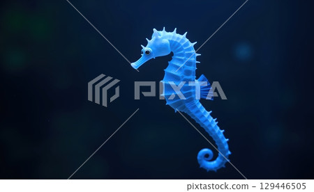 Glowing Blue Seahorse Floating Gracefully In Deep Darkness 129446505
