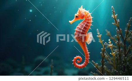 Glowing Seahorse Majestically Floating Beside Sea Flora 129446511