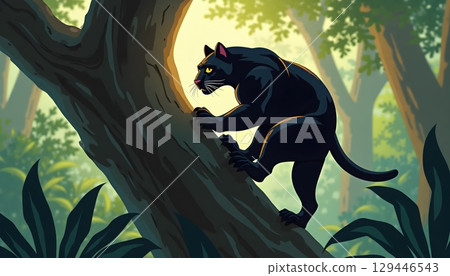 Black Panther Ascending Tree Surrounded By Painted Foliage 129446543