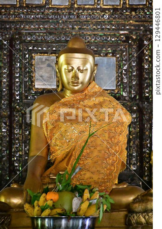 Myanmar, Mandalay, interior of Shwenandaw Monastery, Buddha statue, wooden temple Myanmar, Mandalay, interior of Shwenandaw Monastery, Buddha statue, wooden temple 129446801
