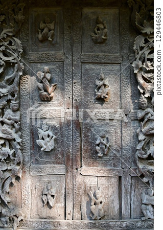 Myanmar, Mandalay, Shwenandaw Monastery, exterior carvings, wooden temple 129446803