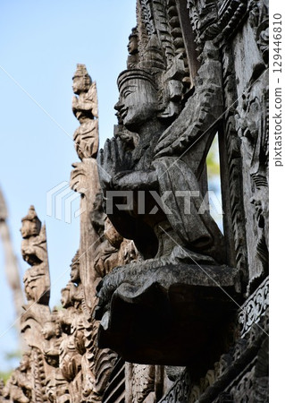 Myanmar, Mandalay, Shwenandaw Monastery, roof carvings, wooden temple 129446810