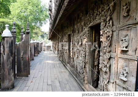 Myanmar, Mandalay, Shwenandaw Monastery, exterior carvings, wooden temple Myanmar, Mandalay, Shwenandaw Monastery, exterior carvings, wooden temple 129446811