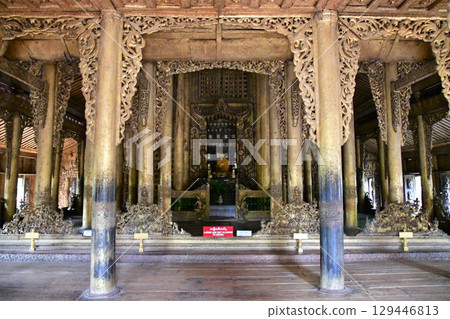 Wooden temple inside Shwenandaw Monastery, Mandalay, Myanmar 129446813